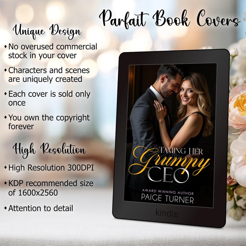 May include: A Kindle e-reader displays a book cover titled "Taming Her Grumpy CEO" by Paige Turner. The cover art features a couple embracing. Text on the left side highlights the book's unique design and high resolution.