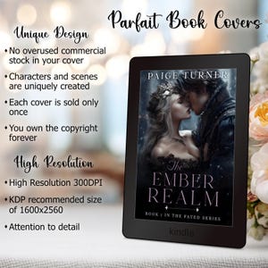 K&ouml;nnte beinhalten: Ein schwarzer Kindle-E-Reader zeigt das Buchcover "The Ember Realm" von Paige Turner, das ein k&uuml;ssendes Paar zeigt. Der Text enth&auml;lt "Parfait Book Covers" und Informationen &uuml;ber Design und Aufl&ouml;sung der Buchcover.