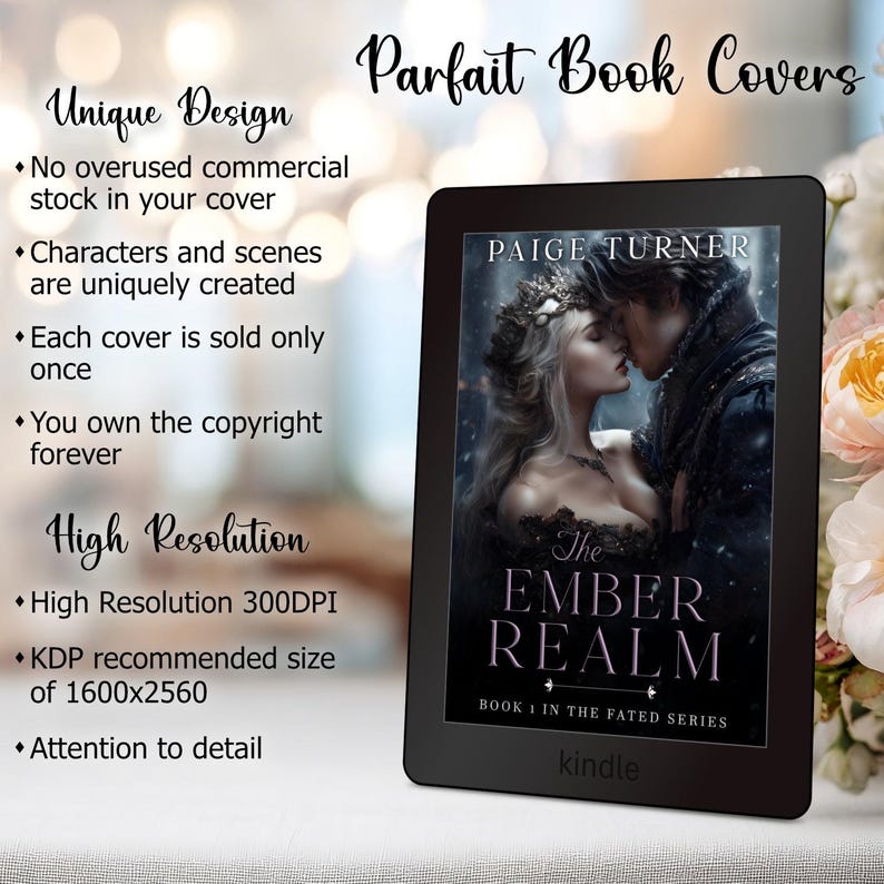 K&ouml;nnte beinhalten: Ein schwarzer Kindle-E-Reader zeigt das Buchcover "The Ember Realm" von Paige Turner, das ein k&uuml;ssendes Paar zeigt. Der Text enth&auml;lt "Parfait Book Covers" und Informationen &uuml;ber Design und Aufl&ouml;sung der Buchcover.