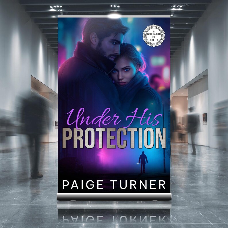 May include: A promotional banner for the book "Under His Protection" by Paige Turner. The image features a couple embracing, with a blurred cityscape background. The title is in purple and silver, with a small silhouette of a person.