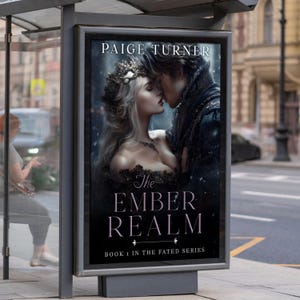 K&ouml;nnte beinhalten: Bushaltestellenwerbung f&uuml;r "The Ember Realm" von Paige Turner. Das Buchcover zeigt ein k&uuml;ssendes Paar in einer verschneiten Szene. Die Frau tr&auml;gt eine Krone und ein dunkles Kleid. Das Buch ist "Buch 1 der Fated-Reihe".