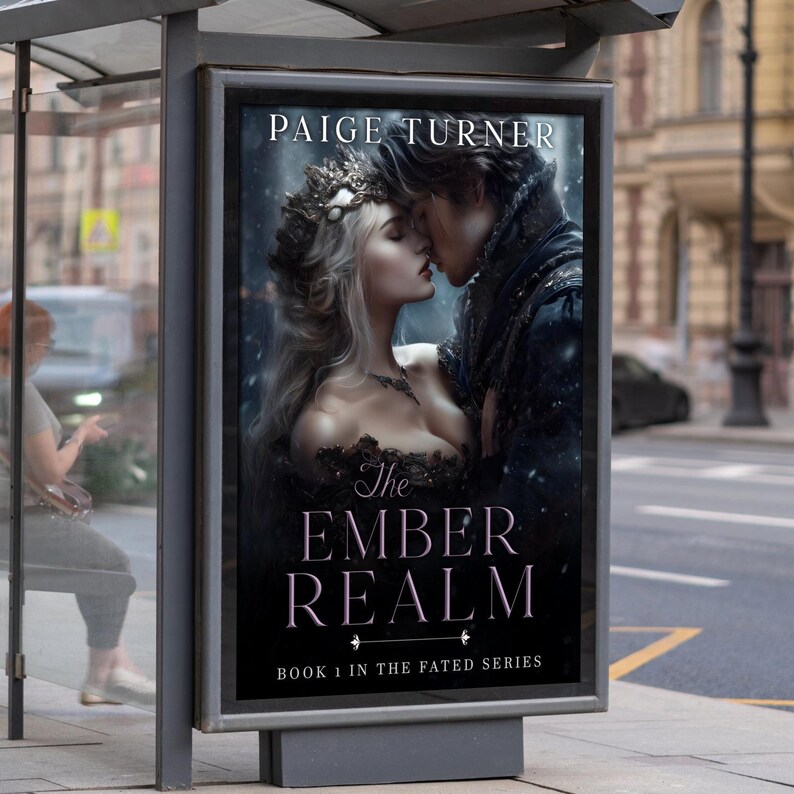 K&ouml;nnte beinhalten: Bushaltestellenwerbung f&uuml;r "The Ember Realm" von Paige Turner. Das Buchcover zeigt ein k&uuml;ssendes Paar in einer verschneiten Szene. Die Frau tr&auml;gt eine Krone und ein dunkles Kleid. Das Buch ist "Buch 1 der Fated-Reihe".