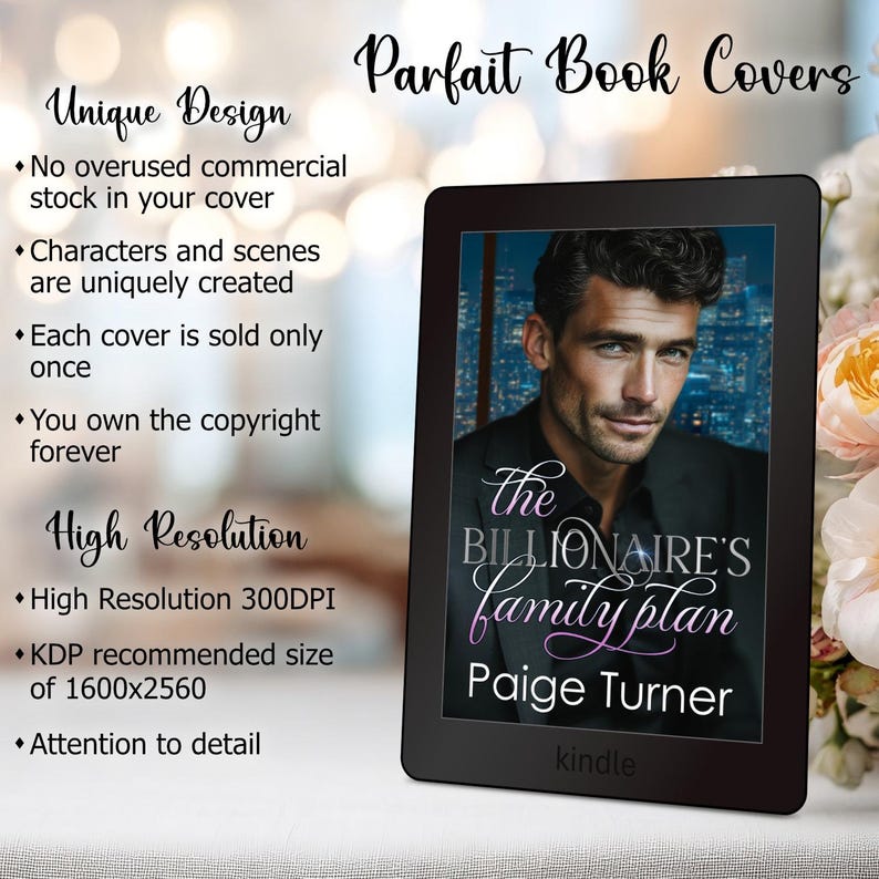 May include: A Kindle e-reader displays a book cover titled "The Billionaire's Family Plan" by Paige Turner. The cover features a man in a suit against a city backdrop. The e-reader is black, and the image is surrounded by text promoting unique book cover designs.