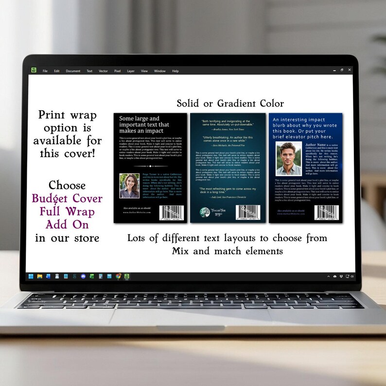 May include: A laptop screen displays book cover designs with text options. The screen shows three book cover examples with different layouts and color schemes. Text on the screen includes "Print wrap option is available for this cover!" and "Lots of different text layouts to choose from."