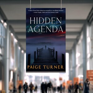 Puede incluir: Un cartel del libro "Hidden Agenda" de Paige Turner. La portada muestra a una persona en un muelle de madera sobre un lago brumoso, con un cielo oscuro. El t&iacute;tulo est&aacute; en letras blancas grandes.