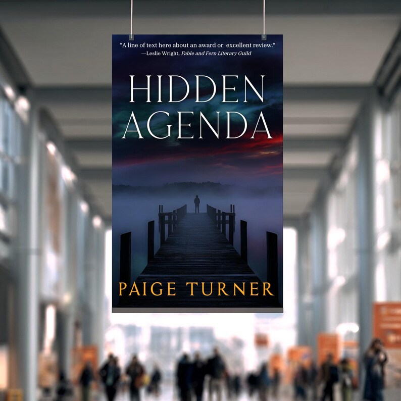 Puede incluir: Un cartel del libro "Hidden Agenda" de Paige Turner. La portada muestra a una persona en un muelle de madera sobre un lago brumoso, con un cielo oscuro. El t&iacute;tulo est&aacute; en letras blancas grandes.