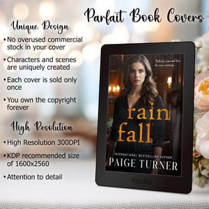 May include: A Kindle e-reader displaying the book cover for "Rain Fall" by Paige Turner. The cover features a woman in a black dress. Text on the image includes "Parfait Book Covers," and details about the design and resolution.