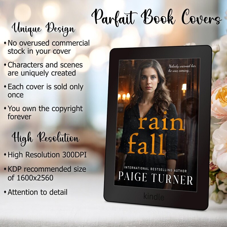 May include: A Kindle e-reader displaying the book cover for "Rain Fall" by Paige Turner. The cover features a woman in a black dress. Text on the image includes "Parfait Book Covers," and details about the design and resolution.