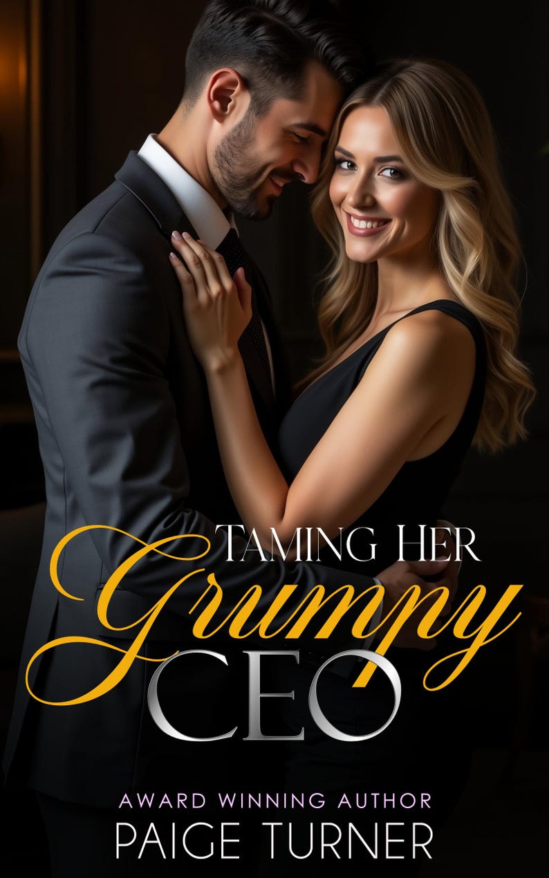 May include: Book cover featuring a smiling woman and a man in a dark suit embracing. The title "Taming Her Grumpy CEO" is in gold script, with the author's name, Paige Turner, below.
