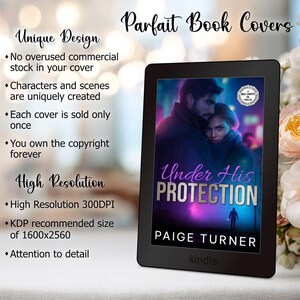 May include: A Kindle e-reader displays a book cover titled "Under His Protection" by Paige Turner. The cover art features a couple in a romantic embrace with a purple and blue background. The image also includes text about the book cover design.