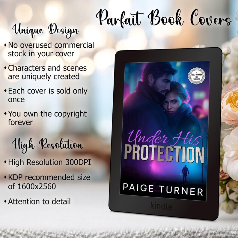 May include: A Kindle e-reader displays a book cover titled "Under His Protection" by Paige Turner. The cover art features a couple in a romantic embrace with a purple and blue background. The image also includes text about the book cover design.