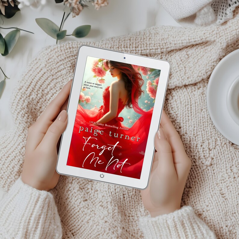 Puede incluir: Una portada de libro de bolsillo con un dise&ntilde;o floral rojo y blanco. El t&iacute;tulo del libro es "Forget Me Not" de Paige Turner, una autora de bestsellers del USA Today.