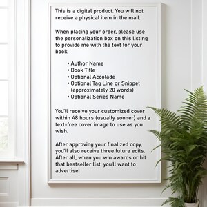May include: A framed white sign with black text detailing the process for ordering a digital product. The text includes instructions for providing book details such as author name, title, and optional accolades. A fern plant is in the background.