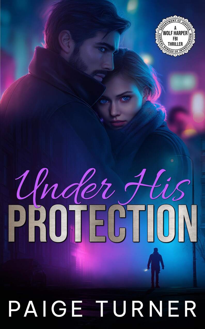 May include: Book cover illustration for "Under His Protection" by Paige Turner. The image features a man and woman embracing, with the title in large, stylized letters. A silhouette of a person holding a light is in the background.