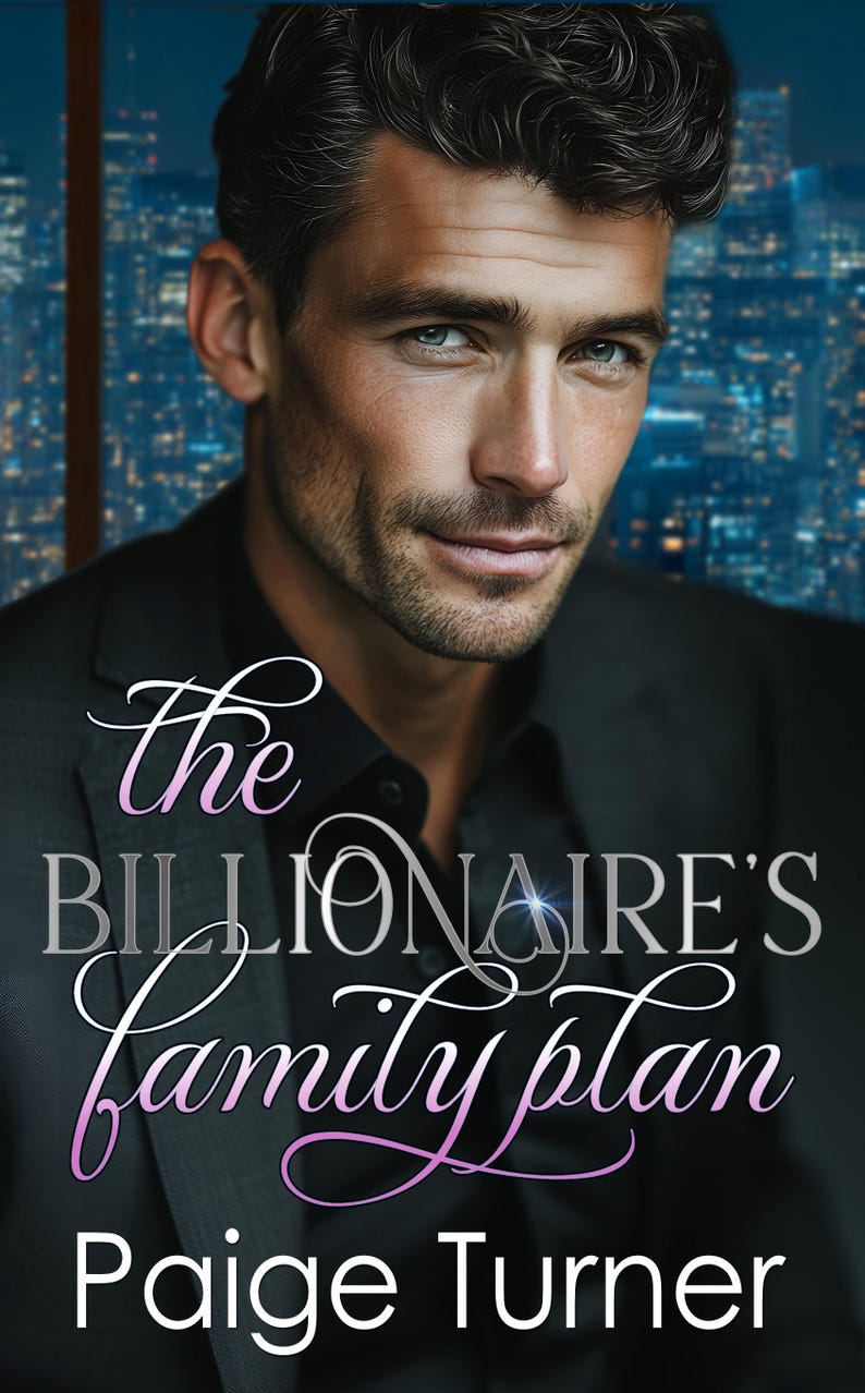 May include: Book cover featuring a man in a black suit with the title "The Billionaire's Family Plan" by Paige Turner. The background shows a city skyline at night.
