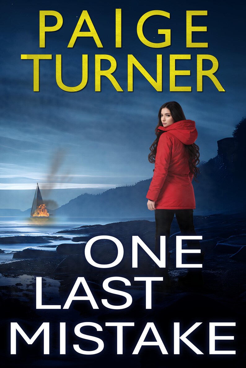 Puede incluir: Portada de libro con el t&iacute;tulo "ONE LAST MISTAKE" y la autora "PAIGE TURNER". Una persona con una chaqueta roja est&aacute; de pie en una orilla rocosa, con un barco en llamas al fondo. El cielo es azul oscuro.