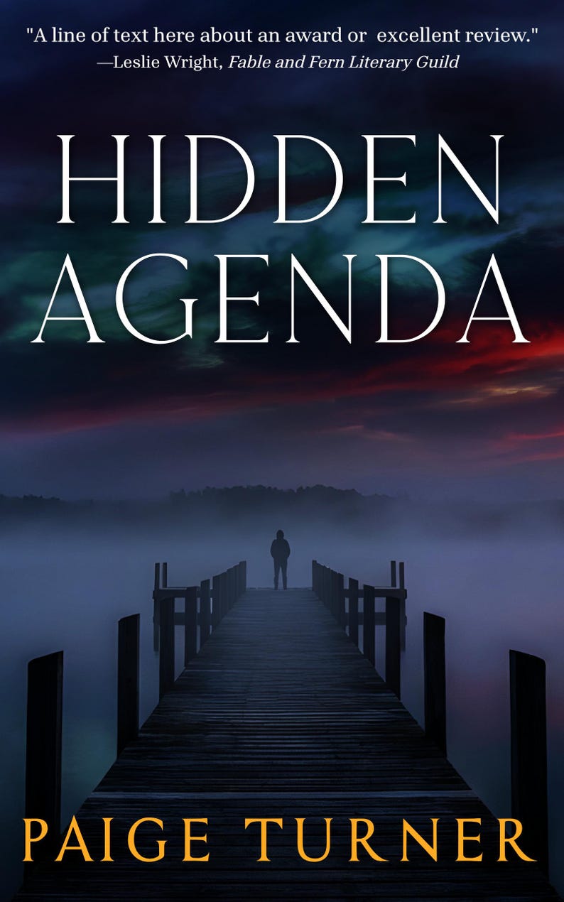 Puede incluir: Portada de libro con el t&iacute;tulo "HIDDEN AGENDA" en letras may&uacute;sculas blancas. Una figura solitaria se encuentra al final de un muelle de madera. El nombre del autor "PAIGE TURNER" est&aacute; en la parte inferior.