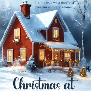 Puede incluir: Una casa roja con nieve blanca en el techo y un porche decorado con luces de Navidad. La casa est&aacute; rodeada de nieve y &aacute;rboles. El texto "Christmas at Snowflake Falls" est&aacute; escrito en letras cursivas azules sobre la nieve.