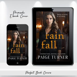 May include: A premade ebook cover design titled "rain fall" displayed on a tablet and a phone. The cover features a woman in a black dress with the title in large orange letters. The author's name is Paige Turner.