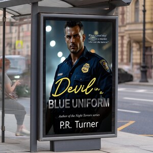 May include: An advertisement for the book "Devil in a Blue Uniform" by P.R. Turner. The image features a man in a police uniform. The title is in yellow cursive font. The background is a city street scene.