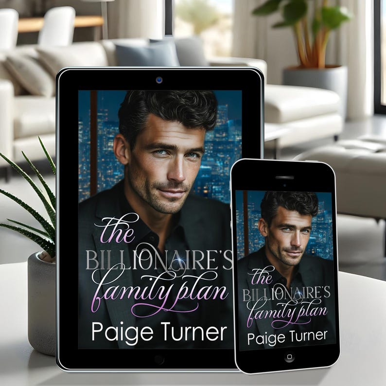 May include: A tablet and smartphone display the cover of "The Billionaire's Family Plan" by Paige Turner. The cover features a man in a black suit against a city skyline. The title is in a cursive font.