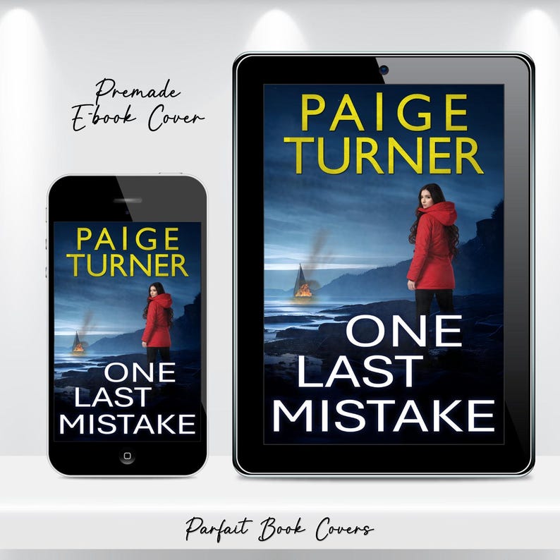 Puede incluir: Un smartphone y una tableta muestran la portada del libro "ONE LAST MISTAKE" de Paige Turner. La portada presenta a una mujer con un abrigo rojo de pie en una orilla con un barco en llamas al fondo. Tambi&eacute;n se ve el texto "Premade Ebook Cover" y "Parfait Book Covers".