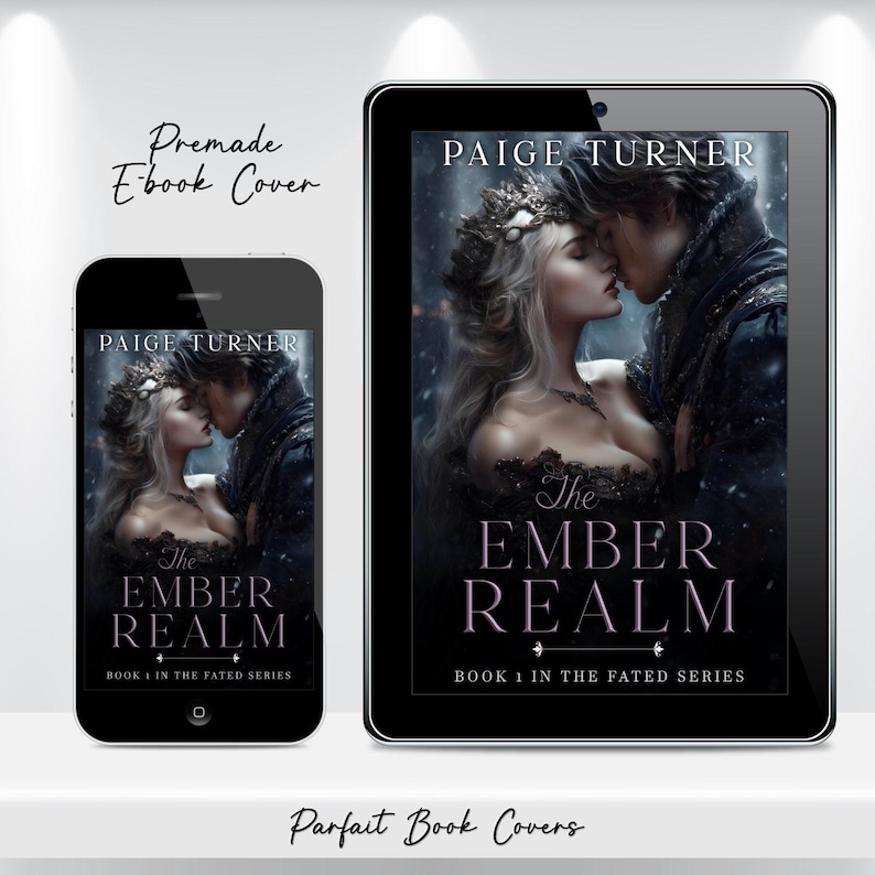 K&ouml;nnte beinhalten: Vorgefertigtes eBook-Cover-Design mit einem romantischen Paar, das sich k&uuml;sst, mit dem Titel "The Ember Realm" und dem Autorennamen "Paige Turner". Das Cover wird auf einem Smartphone und einem Tablet angezeigt, mit dem Text "Book 1 in the Fated Series."