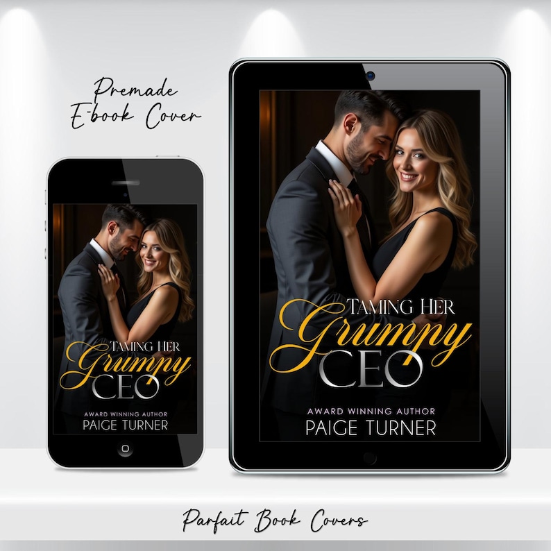 May include: Premade ebook cover design featuring a man and woman in formal attire. The title "Taming Her Grumpy CEO" is displayed in gold script. The author's name, Paige Turner, is also visible.