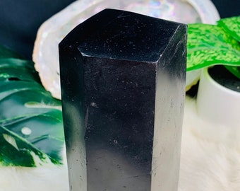 Black Tourmaline #13 ~ Large Black Tower from Madagascar ~ Polished Carved Thick Cut Standing Crystal ~ Natural Dark Mineral Gemstone