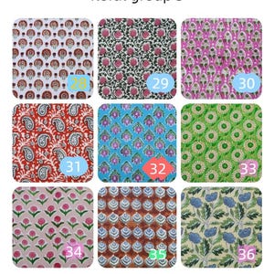 May include: A grid of nine fabric swatches labeled floral group 3, numbered 28 through 36. Each square features distinct floral or paisley block print patterns in various color combinations including pink, green, blue, red, brown, and white.