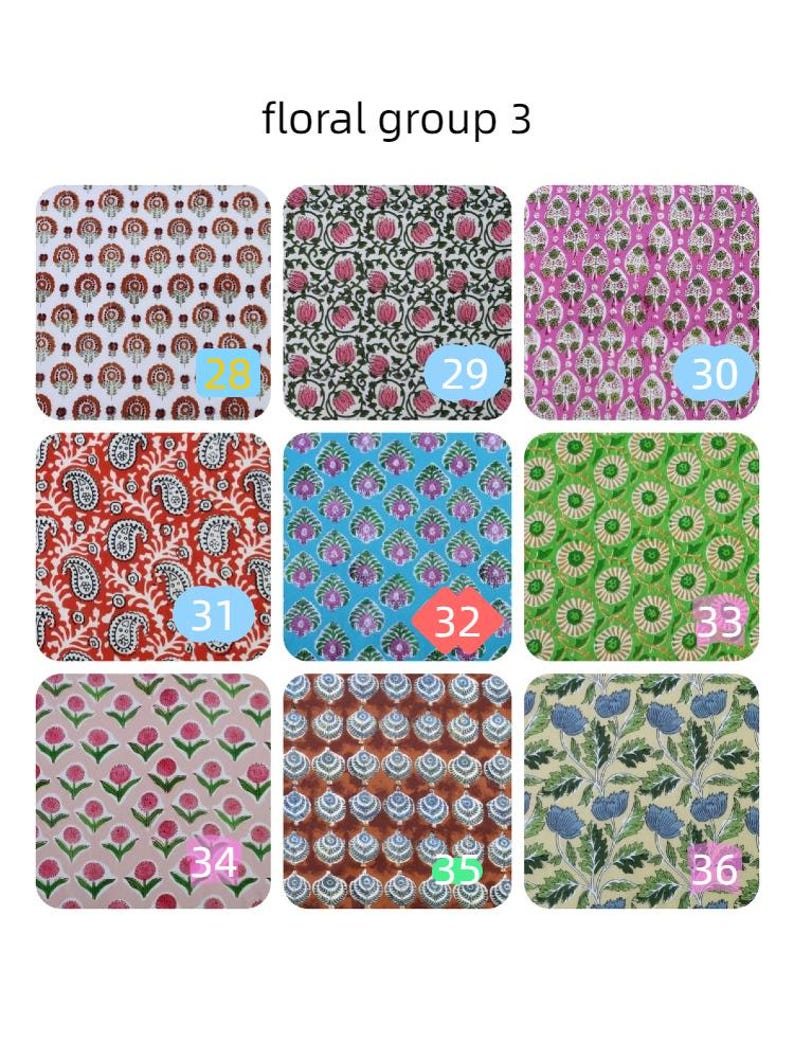 May include: A grid of nine fabric swatches labeled floral group 3, numbered 28 through 36. Each square features distinct floral or paisley block print patterns in various color combinations including pink, green, blue, red, brown, and white.