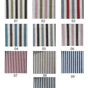 May include: A collection of ten fabric swatches labeled 01 through 10, each featuring a distinct vertical striped pattern. The colors include combinations of olive green, charcoal, pink, red, blue, brown, and white, arranged in a grid format.
