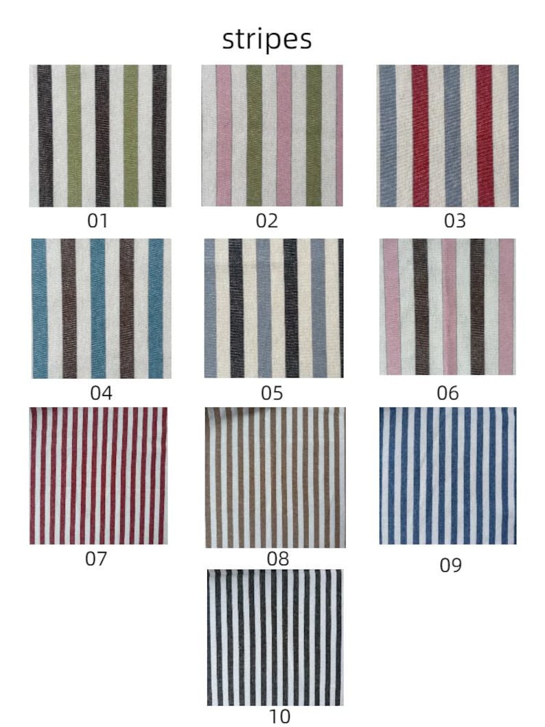 May include: A collection of ten fabric swatches labeled 01 through 10, each featuring a distinct vertical striped pattern. The colors include combinations of olive green, charcoal, pink, red, blue, brown, and white, arranged in a grid format.