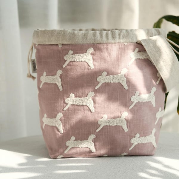 刺繍入りバニープロジェクトバッグ | リネンキャンバス巾着トートバッグ | 編み物＆クラフトバッグ