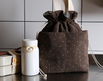 Brown Floral Corduroy Insulated Lunch Bag | Drawstring Bento Tote
