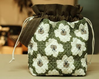 Bolsa acolchada para proyectos florales con cremallera / Bolsa de tejer con cordón / Bolsa de almacenamiento para crochet / Organizador de manualidades acolchado suave