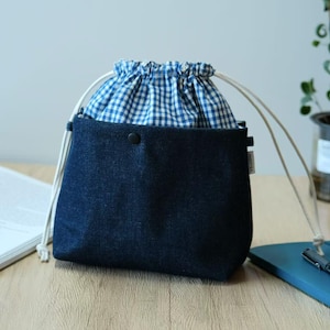 Organizer per borsa con coulisse in denim: inserto per borsa in cotone scozzese intrecciato a mano
