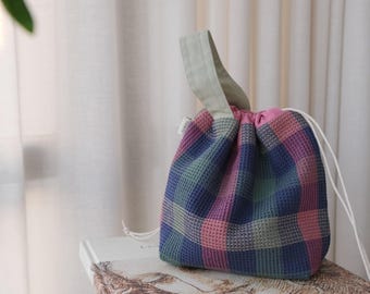 Sac à projet gaufré avec cordon de serrage - Sac à tricoter en coton à carreaux, organiseur de livres et de journaux, pochette de rangement au quotidien