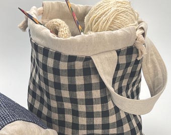 Bolsa de lino con cordón para proyectos de guinga, almacenamiento para manualidades de tejido