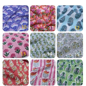 May include: A grid of nine fabric swatches labeled Floral group 1, numbered 10 through 18. Each swatch features distinct floral patterns in various colors including blue, red, pink, green, and white, showcasing block-printed botanical designs.