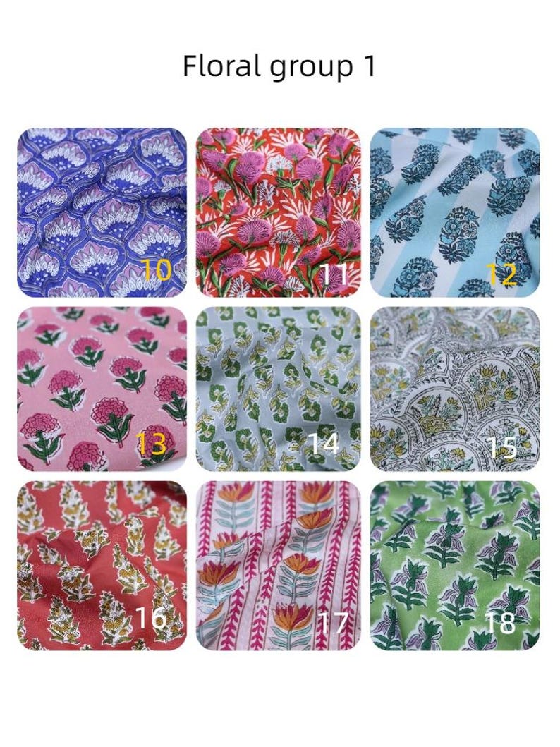 May include: A grid of nine fabric swatches labeled Floral group 1, numbered 10 through 18. Each swatch features distinct floral patterns in various colors including blue, red, pink, green, and white, showcasing block-printed botanical designs.