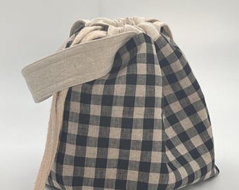 Bolsa de lino con cordón de cuadros vichy, bolsa para proyectos artesanales, organizador de viajes ecológico y regalo.
