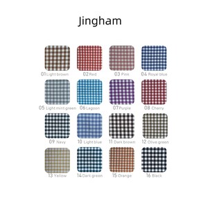 May include: A color chart titled Jingham displaying sixteen square fabric swatches with a gingham check pattern. The colors include light brown, red, pink, royal blue, light mint green, lagoon, purple, cherry, navy, light blue, dark brown, olive green, yellow, dark green, orange, and black.