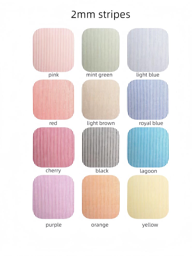 May include: A grid of twelve fabric swatches featuring 2mm stripes in various colors: pink, mint green, light blue, red, light brown, royal blue, cherry, black, lagoon, purple, orange, and yellow. Each swatch is labeled with its color name.