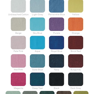 May include: A color chart titled Solid Colors For Bag Insert displaying twenty-four square fabric swatches in various hues including unbleached cotton, light grey, periwinkle blue, yellow, beige, sky blue, purple, orange, pale pink, aqua, royal blue, brick red, hot pink, slate blue, navy, burgundy, magenta, deep teal, black, dark grey, light green, khaki, forest green, coffee brown, and olive yellow.