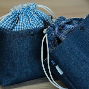 Borsa organizer con coulisse in tessuto scozzese e denim intrecciato a mano: inserto per borsa convertibile