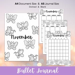 November Title Page & Calendar, Butterfly Journal, Bullet Journal Pages, Monthly Coloring Page, Printable Journal Page