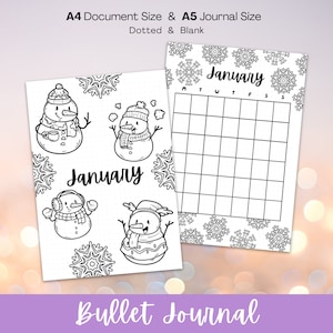 January Title Page & Calendar, Bullet Journal Pages, Monthly Coloring Page, Printable Journal Page, Journal Cover Pages, snowman Journal