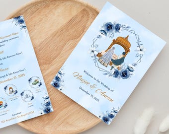 May include: A blue and white wedding invitation with a watercolor floral design. The invitation features a couple in traditional Indian wedding attire standing under a golden canopy. The text on the invitation reads "Welcome to the Wedding of Navjot & Aman, December 21, 2025".