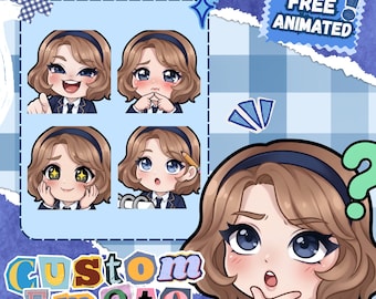 May include: A digital illustration set featuring a character with brown hair and a dark headband wearing a school uniform. The set includes five distinct expressions: laughing, shy, starry-eyed, writing with a pencil, and a confused pose with a question mark.